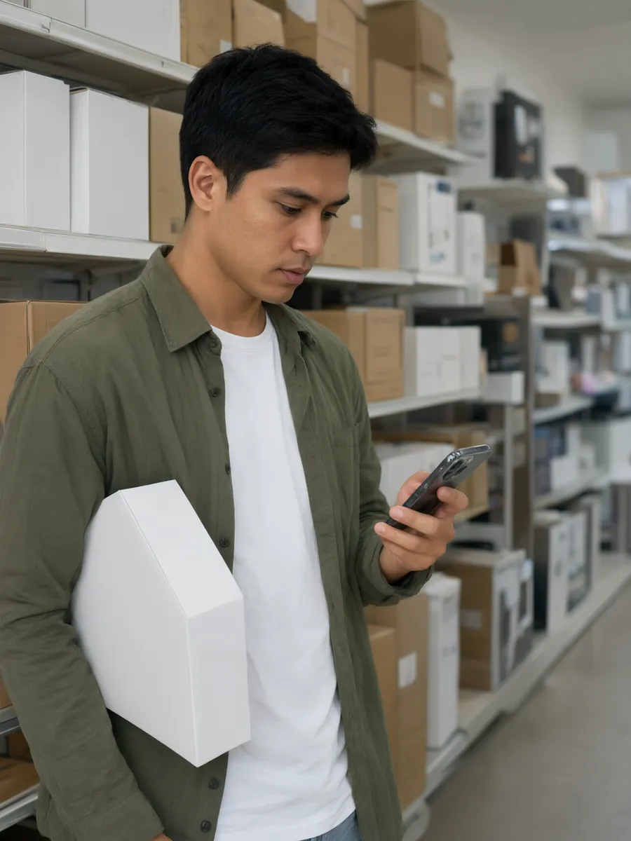 Rapaz numa loja de eletrodomésticos olha o celular com uma caixa debaixo do braço.